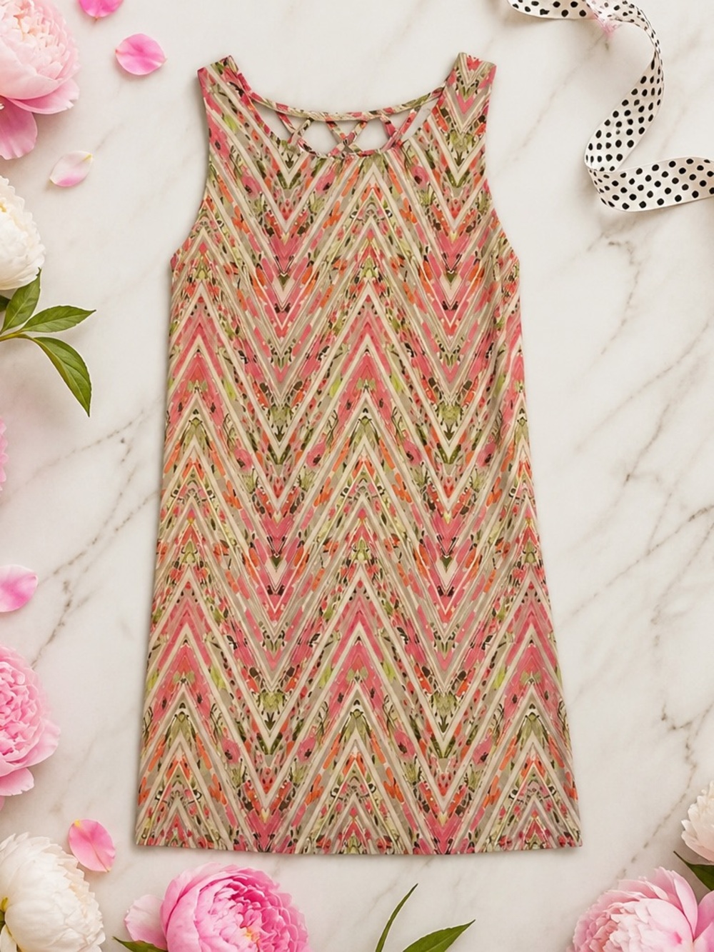 Sleeveless Sheath Dress in Pink & Beige w/ lattice back details Size XS